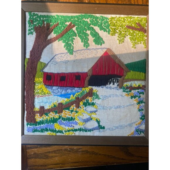 Vintage Framed Crewel Covered Bridge Scene Wall Art 15"x15" Rustic Decor Handmad - Picture 5 of 8